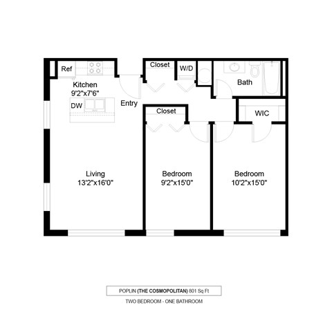 Floor plan for 2 beds, 1 bath, 801 sqft